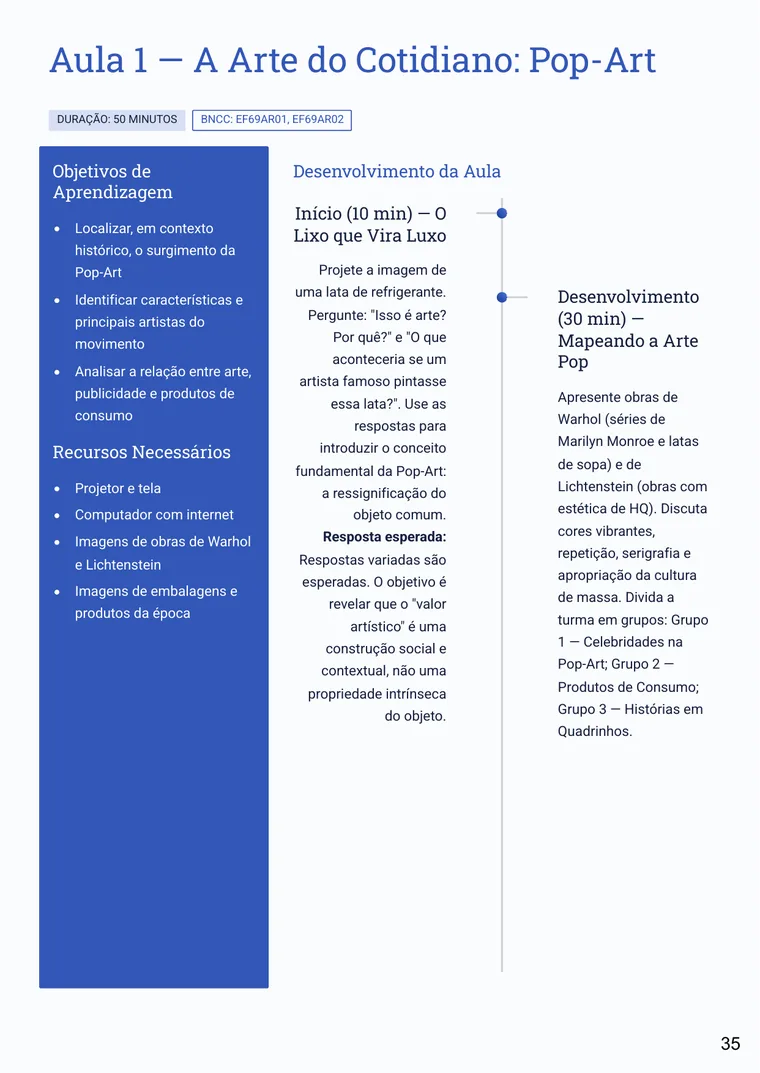 Página do guia Pulsares da Arte com plano de aula da aula 1