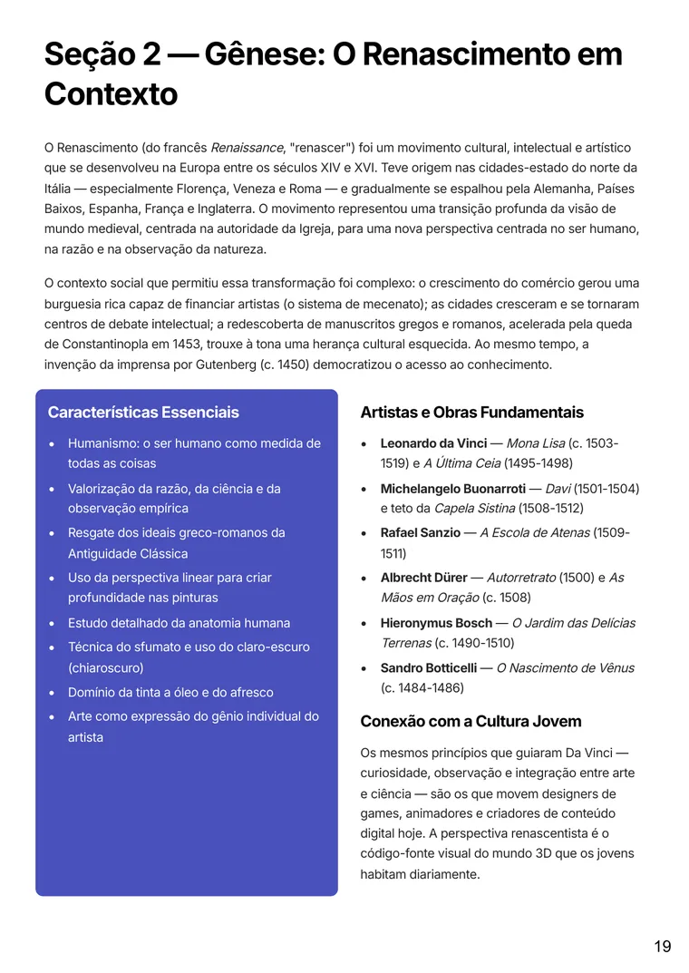 Página de conteúdo sobre o contexto histórico do Renascimento
